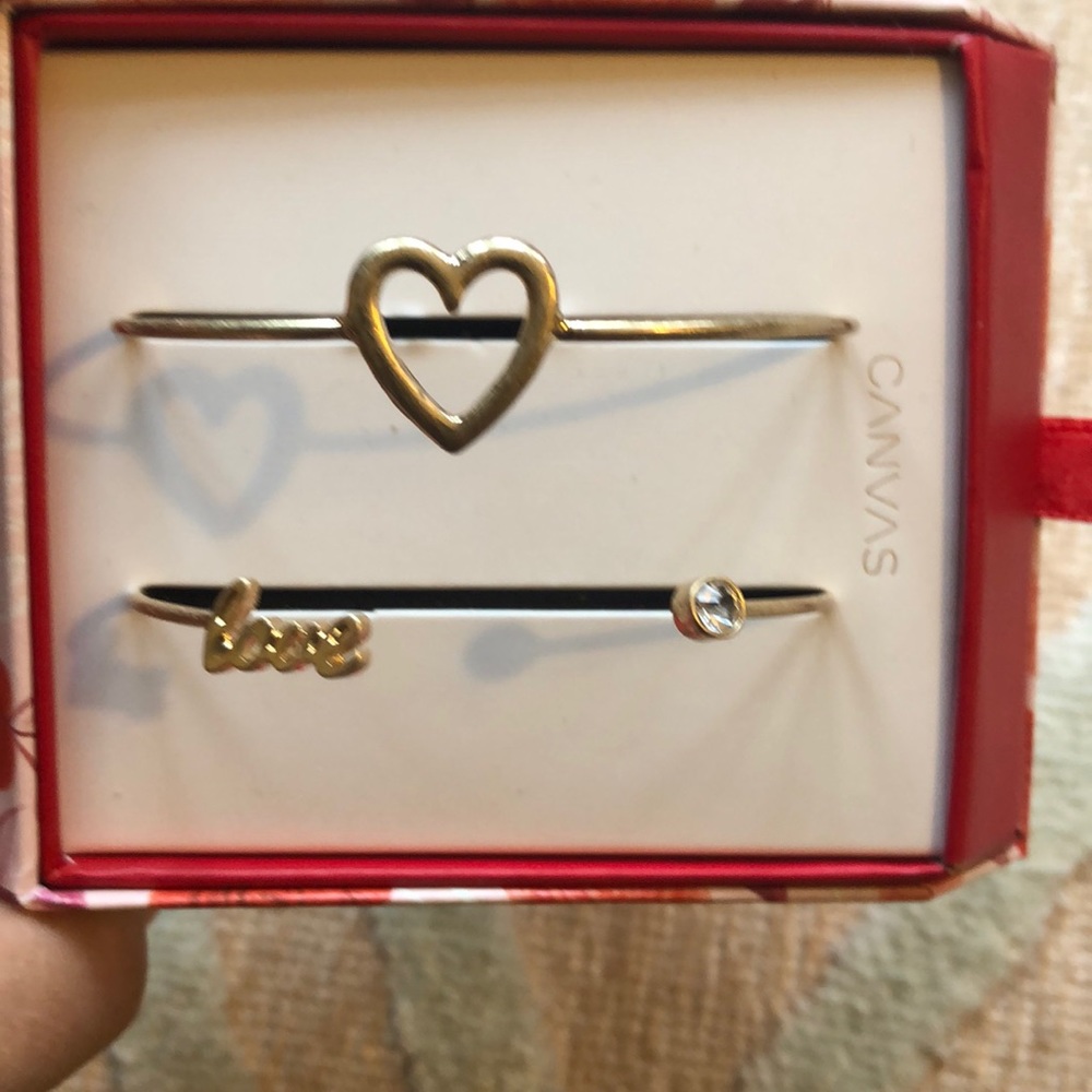 NWT -2 Gold Bracelet set -heart & “love” w/crystal
